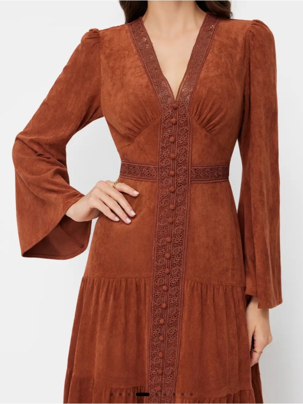 Cider Rust Brown V-Neck Tiered Long Sleeve Dress